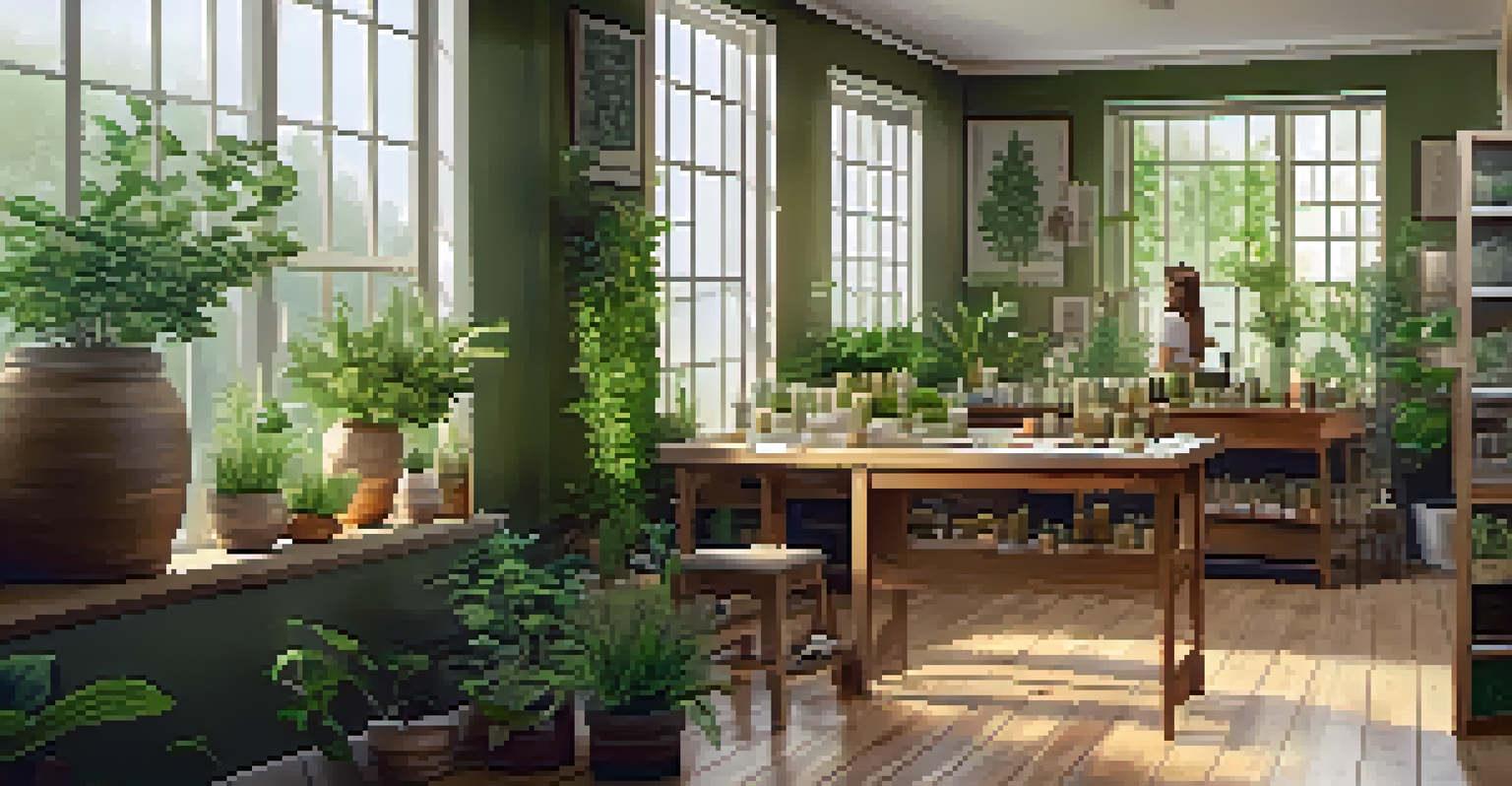 A naturopathic practitioner in a peaceful clinic, with herbal remedies and plants around, illuminated by soft natural light.