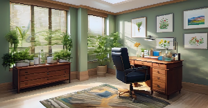 A calming homeopathic consultation room with natural light, wooden desk, glass vials of remedies, plants, and comfortable seating.