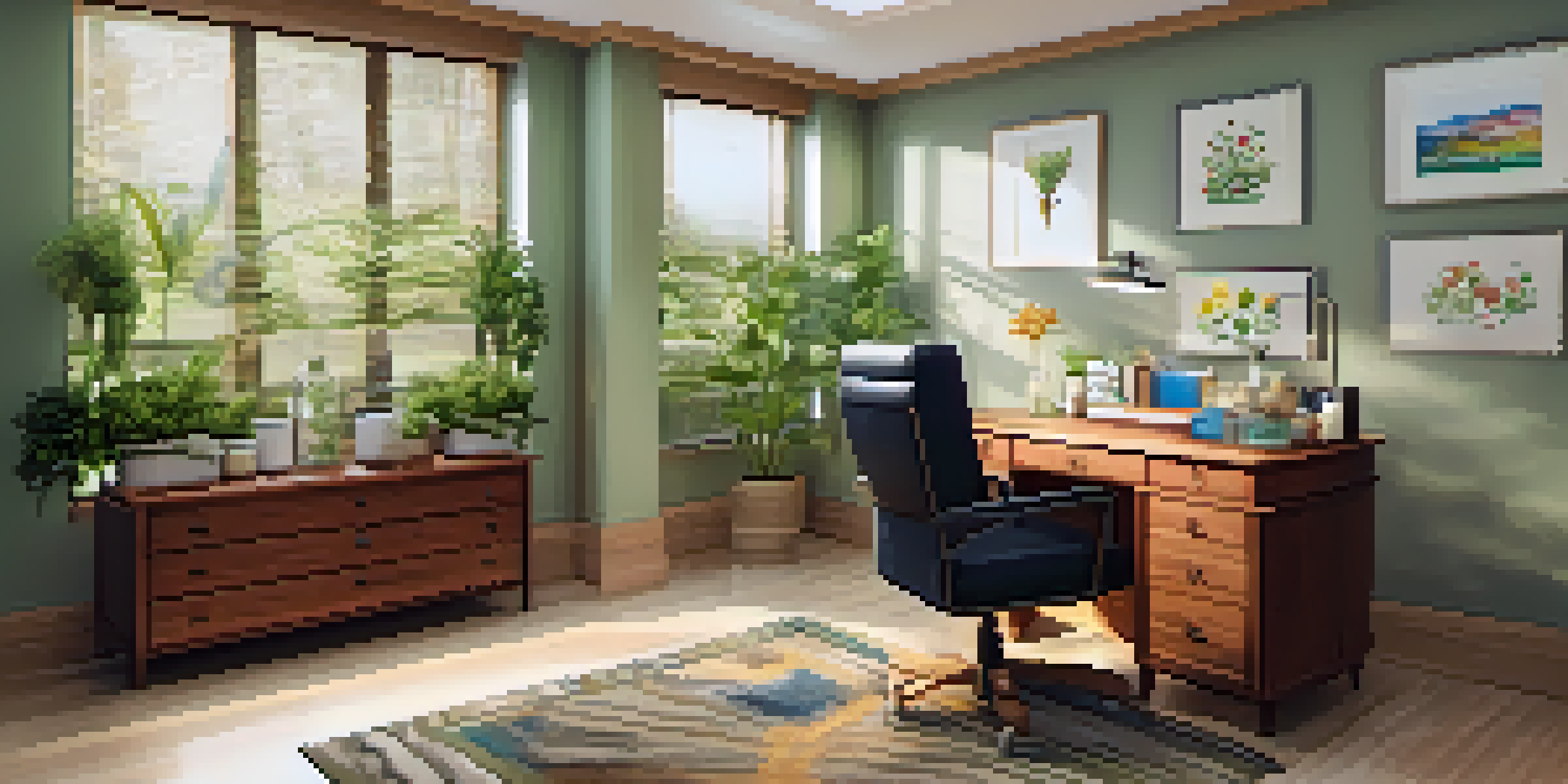A calming homeopathic consultation room with natural light, wooden desk, glass vials of remedies, plants, and comfortable seating.