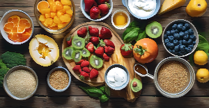 A flat lay of various healthy foods for gut health including fruits, vegetables, and yogurt on a rustic wooden table.