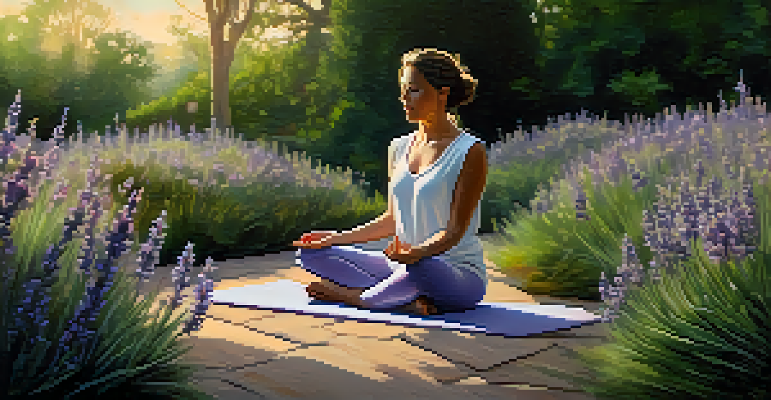 A woman meditating in a garden filled with blooming herbs, surrounded by soft evening light.
