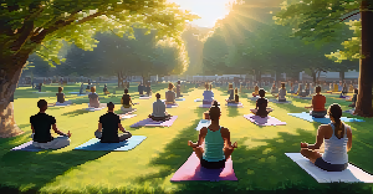 A group of people practicing yoga in a park during sunrise, surrounded by nature.