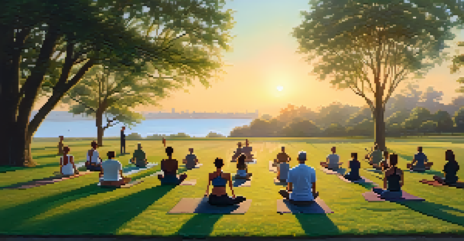 People practicing yoga outdoors at sunrise, surrounded by nature and bathed in warm sunlight.