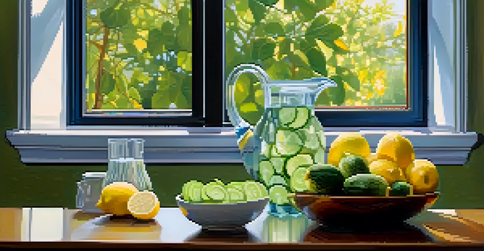 A kitchen countertop with a glass pitcher of water surrounded by fresh fruits like lemons and cucumbers, illuminated by soft sunlight.