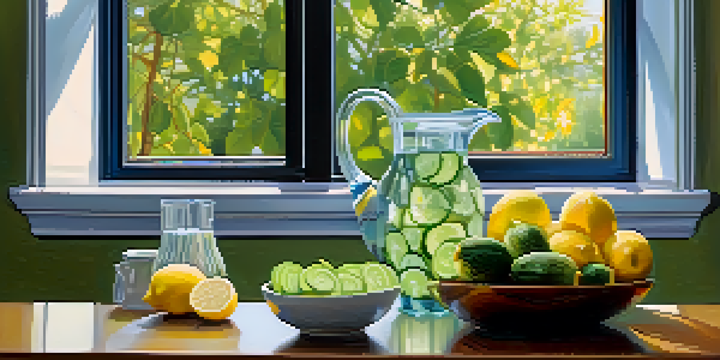 A kitchen countertop with a glass pitcher of water surrounded by fresh fruits like lemons and cucumbers, illuminated by soft sunlight.