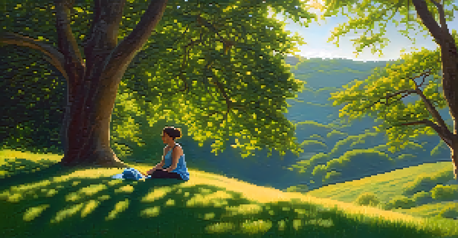 A person meditating on a grassy hill surrounded by trees and wildflowers, with sunlight filtering through the leaves.