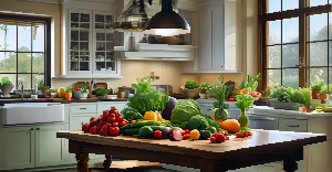 A naturopathic practitioner prepares a fresh salad in a bright kitchen, surrounded by colorful fruits and vegetables, with herbs on the windowsill.