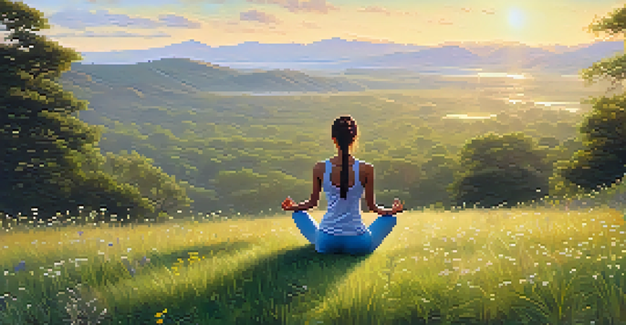 A person practicing yoga on a grassy hill during sunrise with mountains in the background and wildflowers in the foreground.