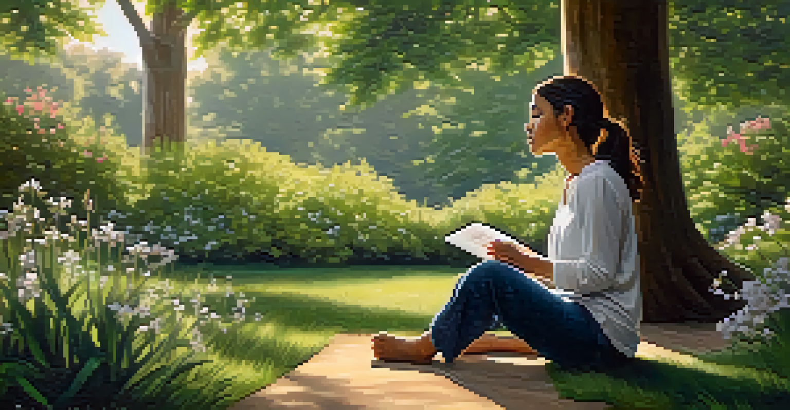 A person meditating peacefully in a lush outdoor area surrounded by flowers and trees, with sunlight filtering through the leaves.