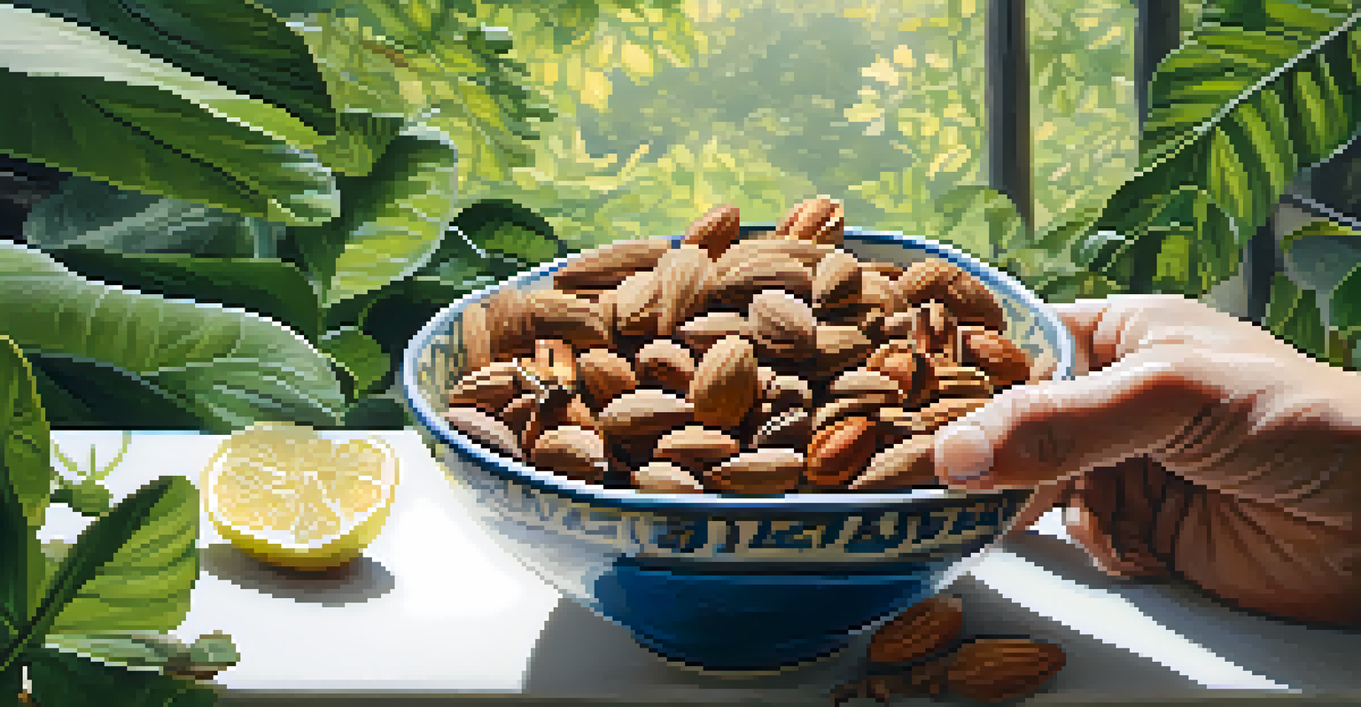 Hands holding a bowl of mixed nuts and seeds with a backdrop of greenery and a glass of lemon water.