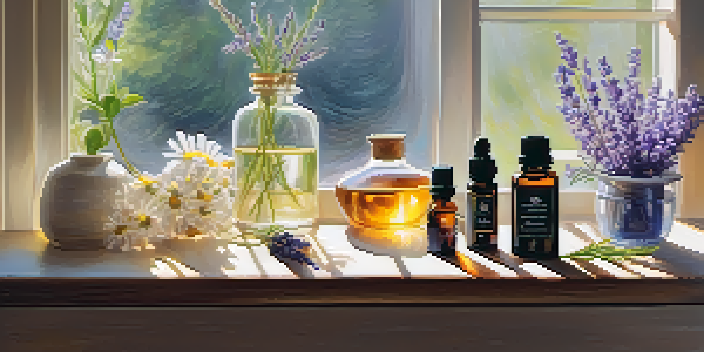 An indoor scene with a wooden table showcasing essential oil bottles, a diffuser, lavender, and chamomile flowers, illuminated by warm sunlight.