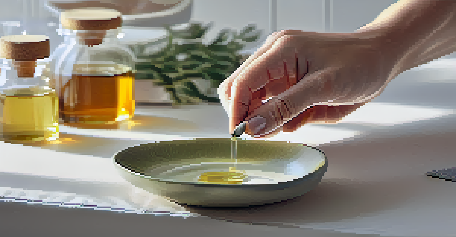 A close-up of hands performing a patch test with essential oils on the wrist, in a bright kitchen.