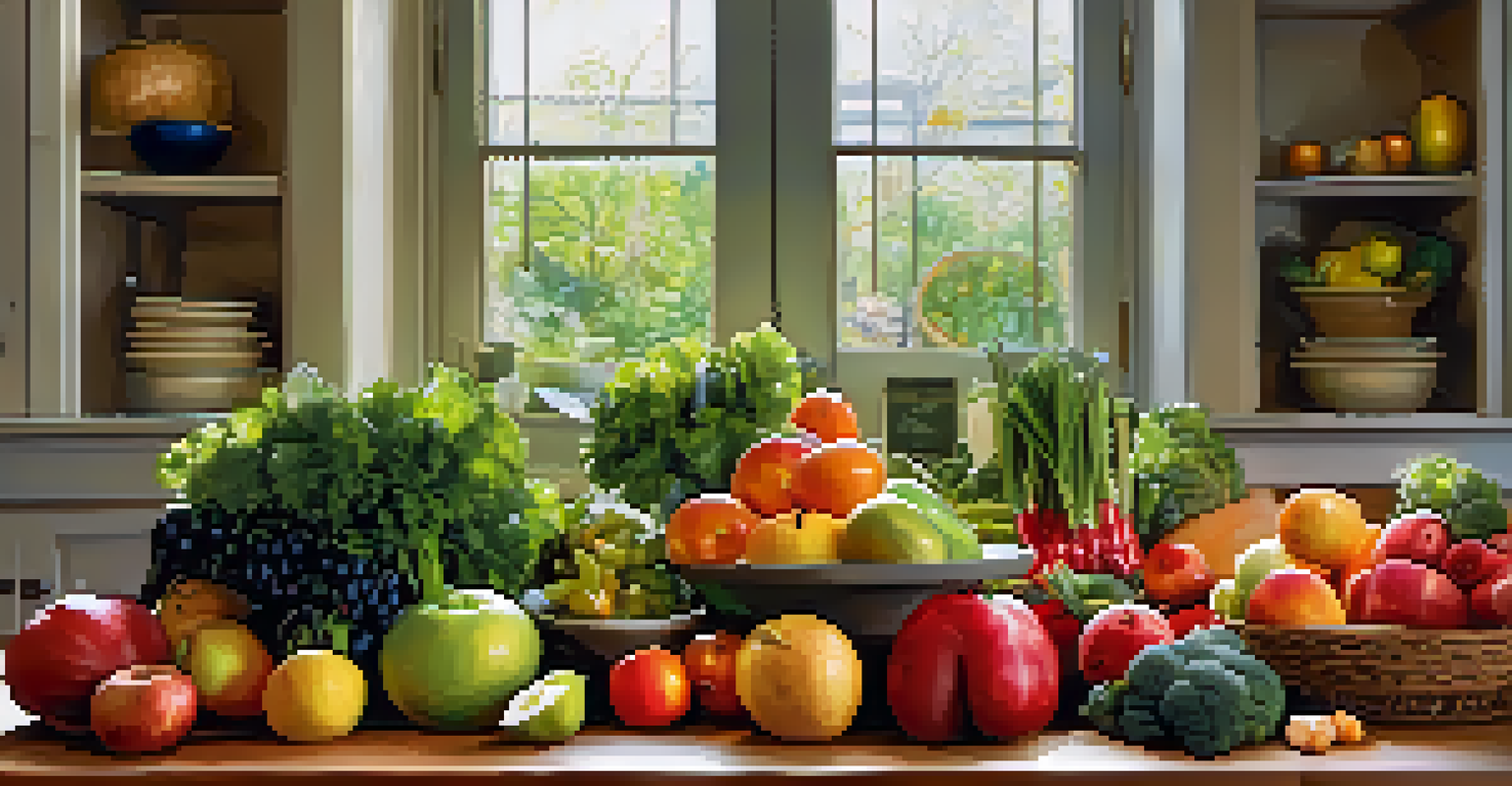 A kitchen table filled with fresh fruits and vegetables illuminated by natural light.