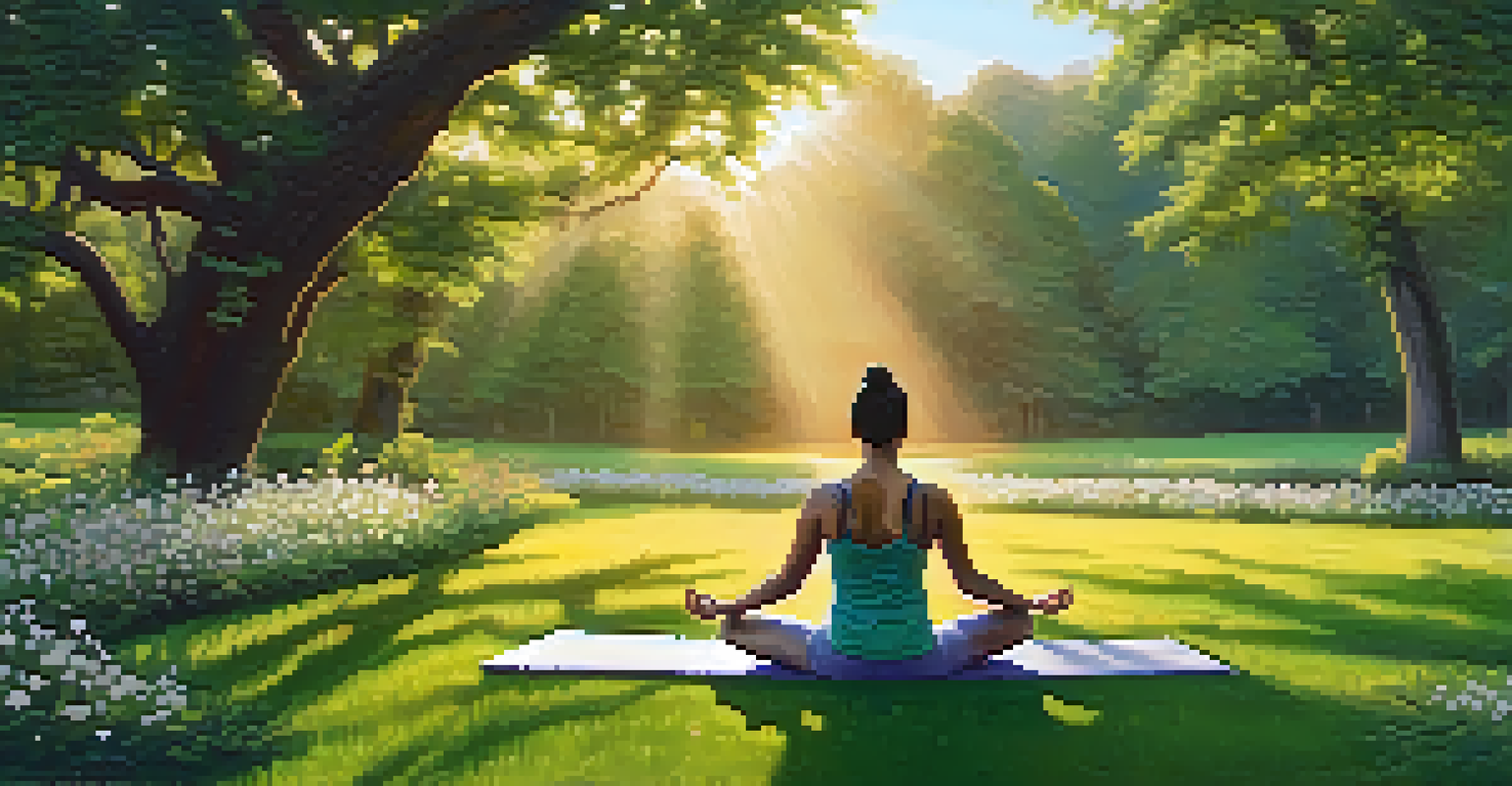 A person practicing yoga in a lush green park at sunrise, surrounded by blooming flowers and trees, promoting tranquility and wellness.