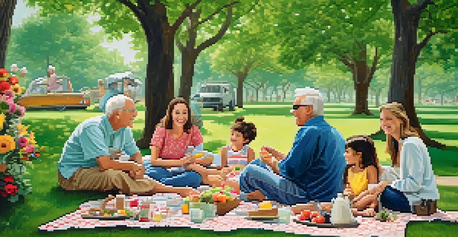 A multi-generational family having a picnic in a sunny park, surrounded by trees and colorful flowers.