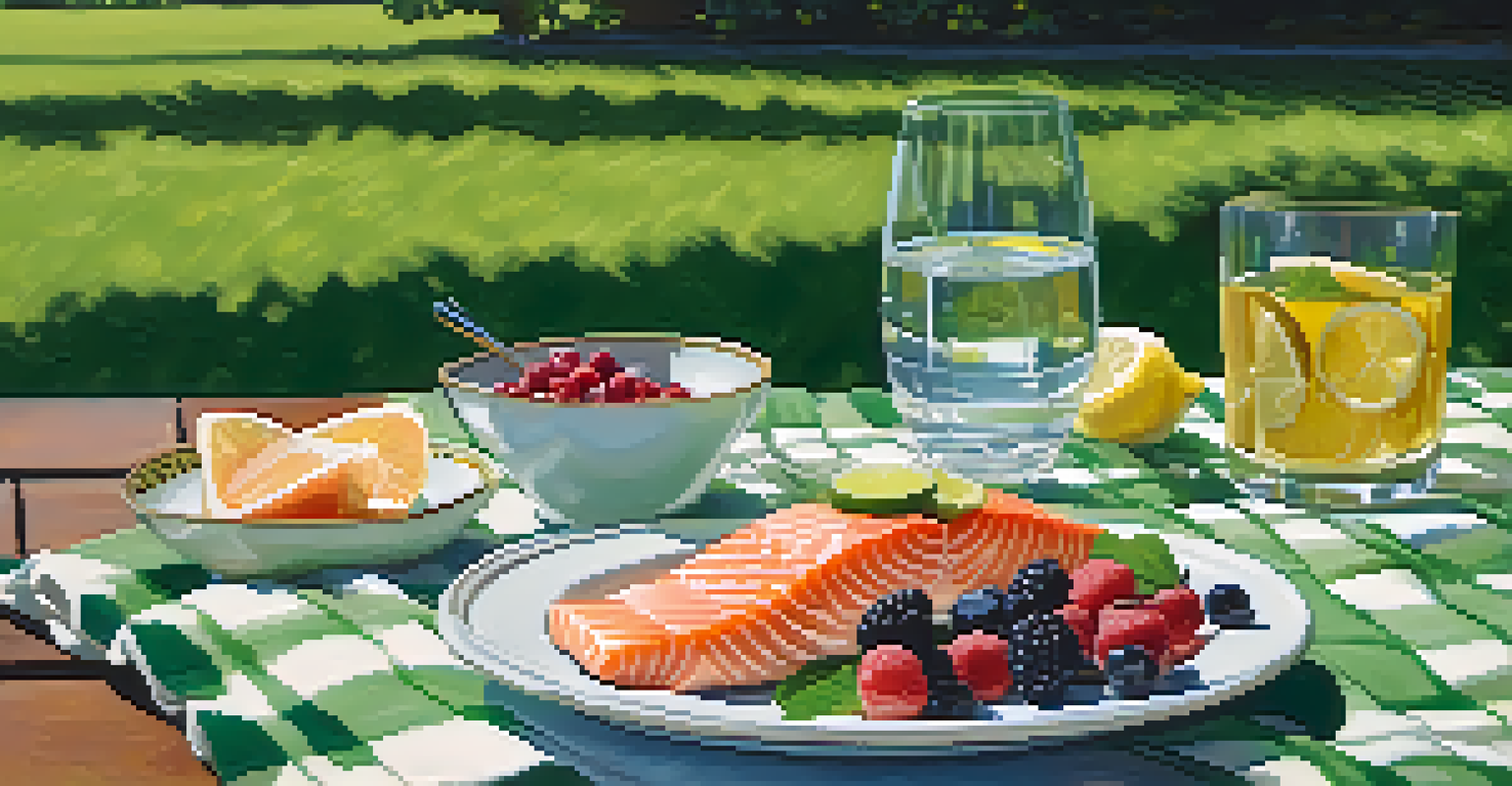 A picnic on a green lawn with salmon, walnuts, and berries on a checkered blanket.