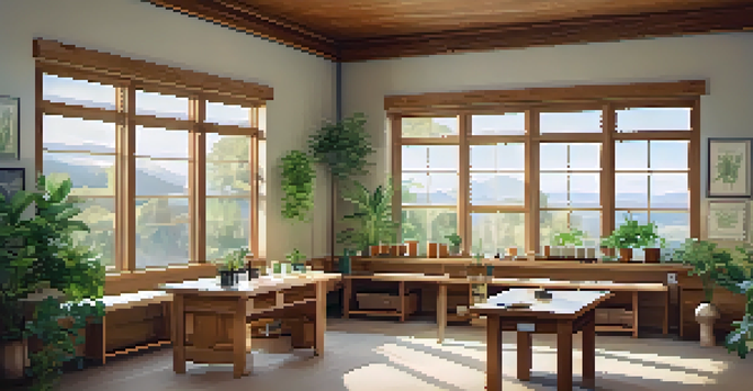 Interior of a tranquil naturopathic clinic with wooden furniture, potted plants, and herbal medicine charts on the walls.