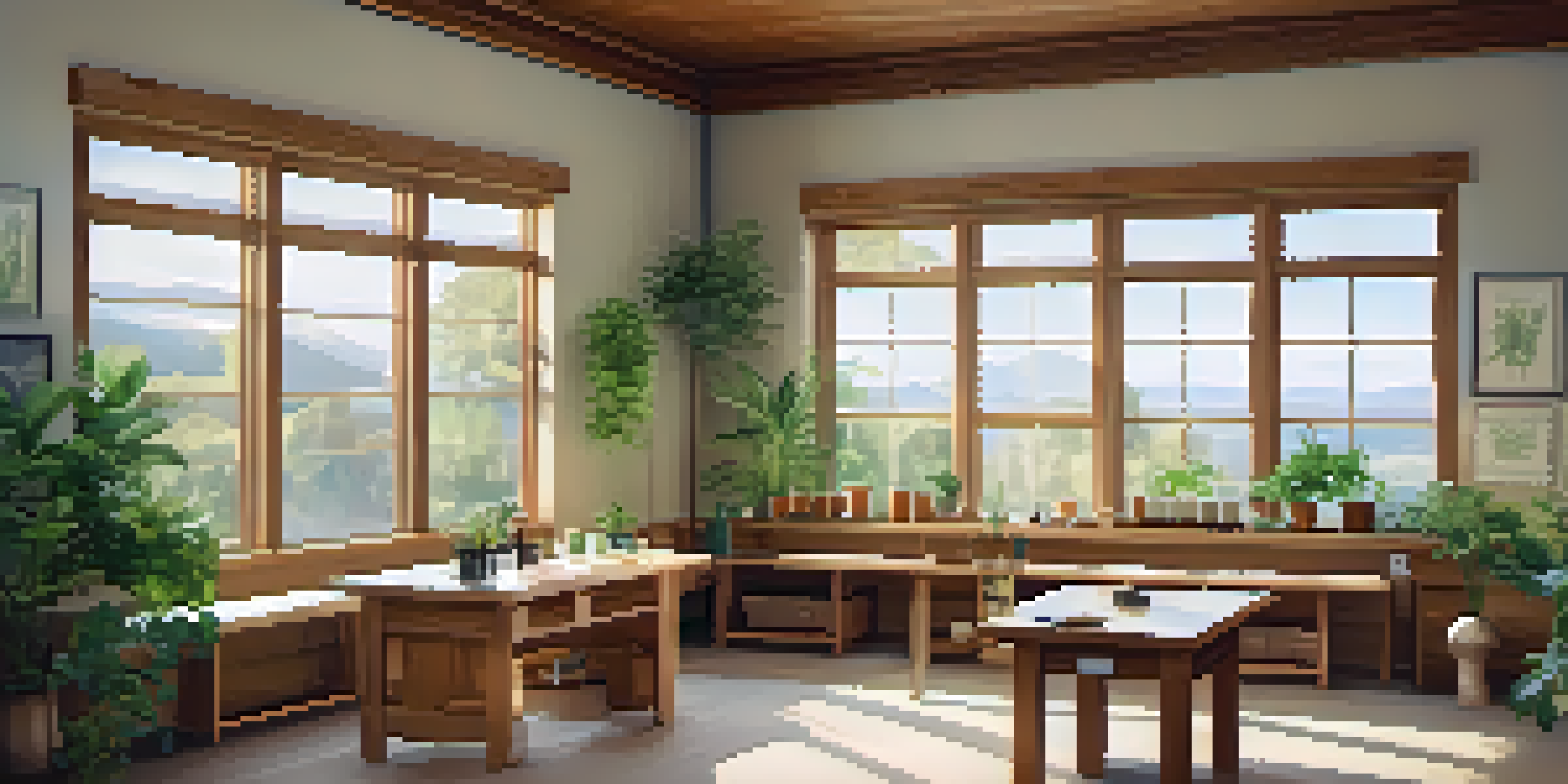 Interior of a tranquil naturopathic clinic with wooden furniture, potted plants, and herbal medicine charts on the walls.