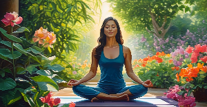 A woman practicing yoga in a peaceful garden filled with colorful flowers and greenery, with soft morning light filtering through the leaves.