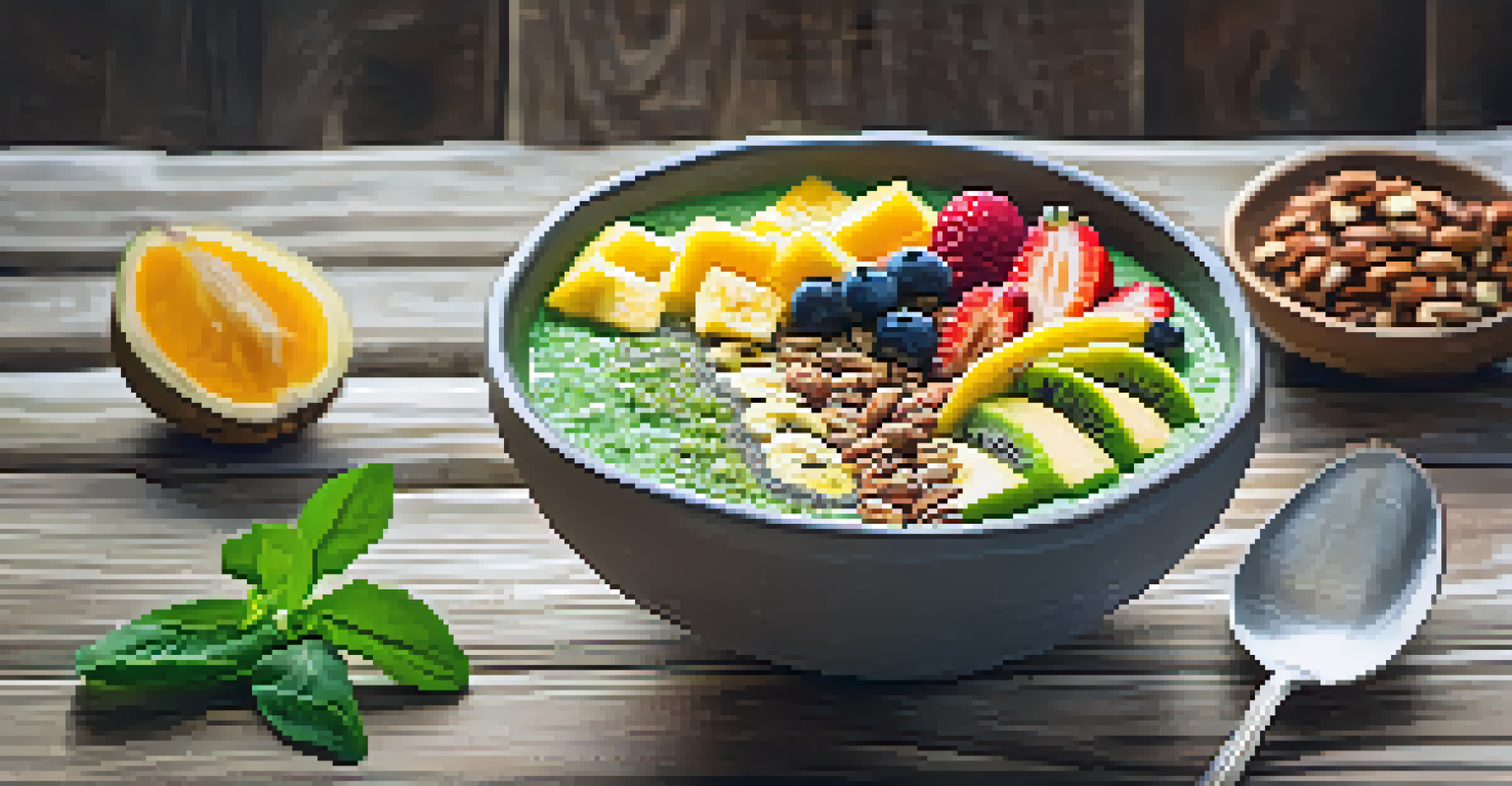 A colorful smoothie bowl topped with fruits, chia seeds, and nuts, displayed on a rustic wooden table in natural light.