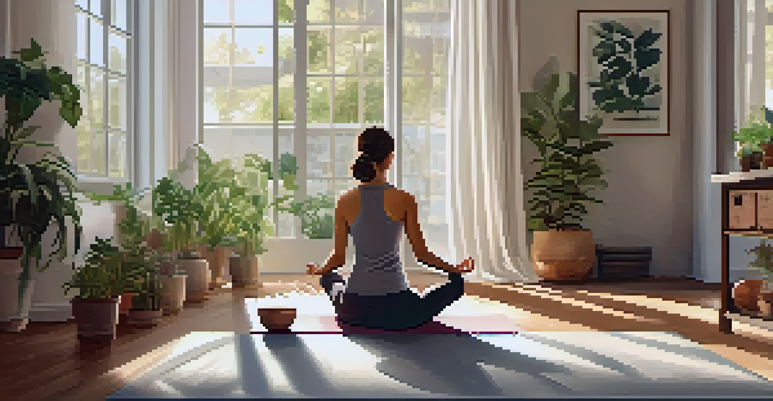 A yoga studio with a person practicing yoga and a calming environment filled with plants and natural light.