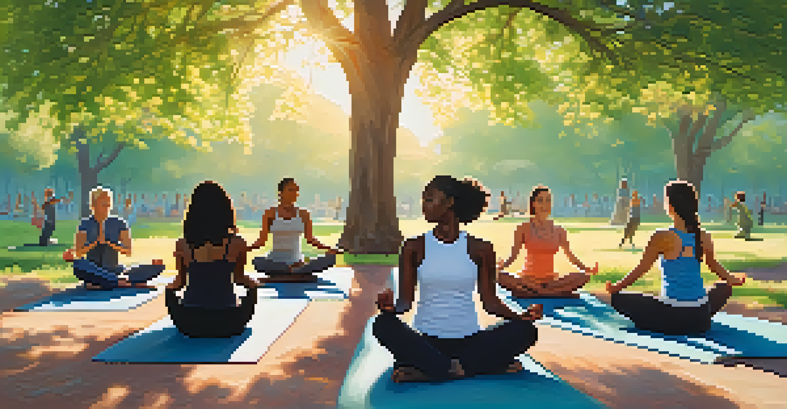 A diverse group of people practicing yoga together in a sunny park.
