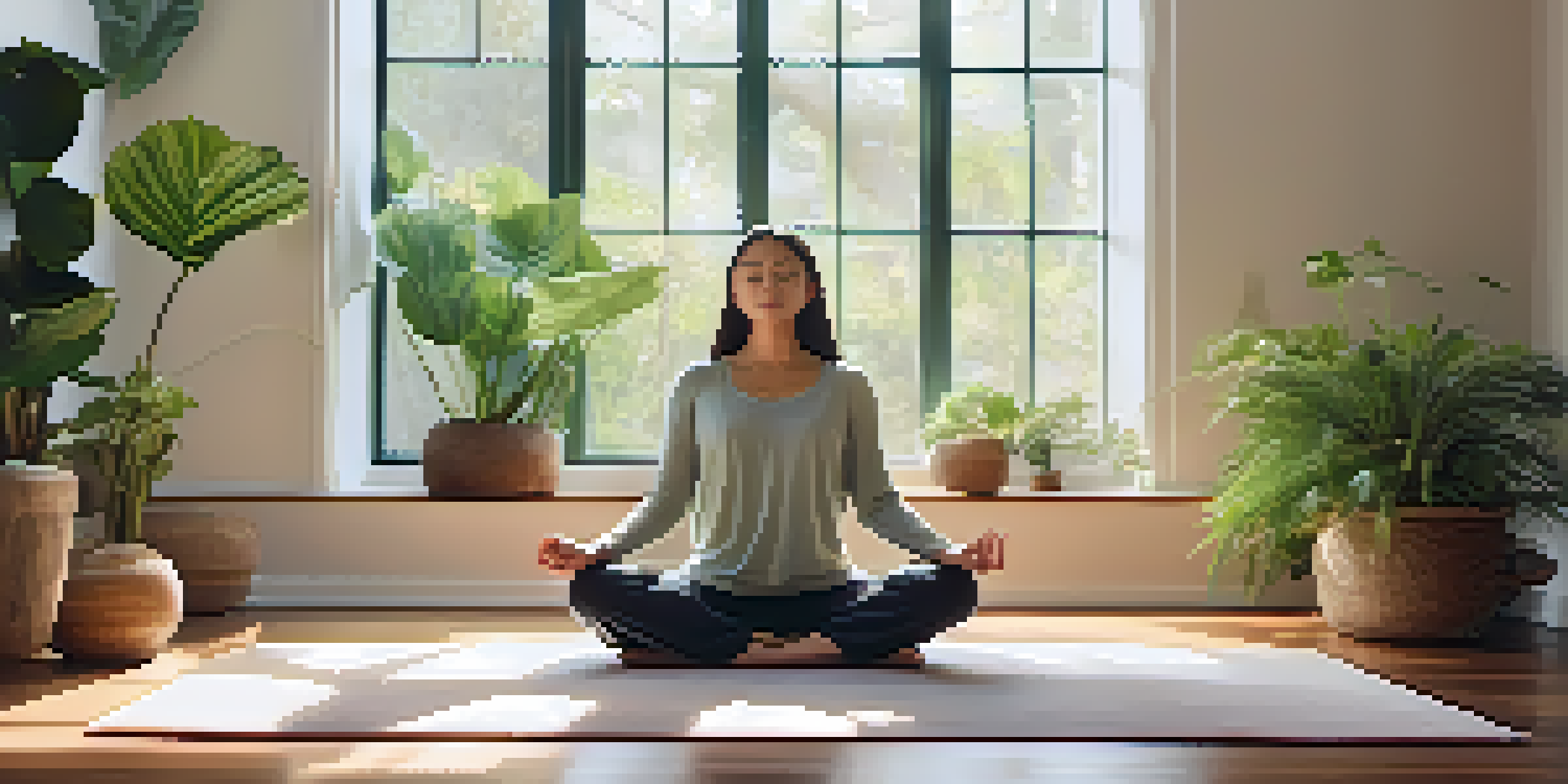 A peaceful meditation space with a cushion, plants, and soft light, showcasing a serene figure meditating.