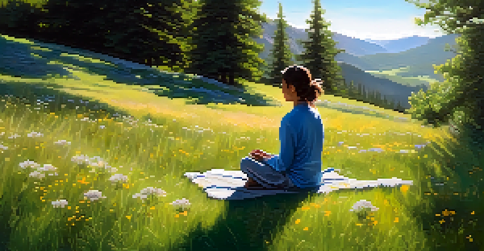 A person meditating on a grassy hill surrounded by wildflowers and trees under a clear sky.