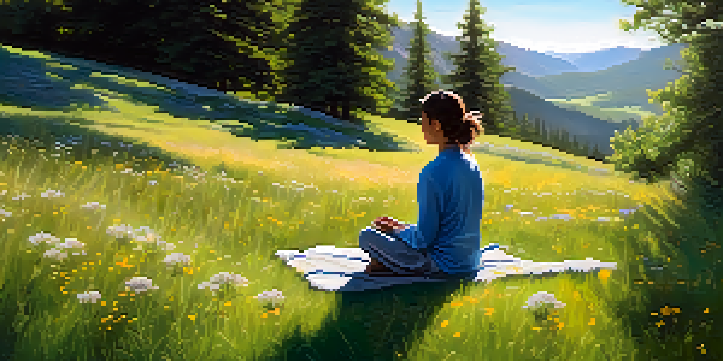 A person meditating on a grassy hill surrounded by wildflowers and trees under a clear sky.