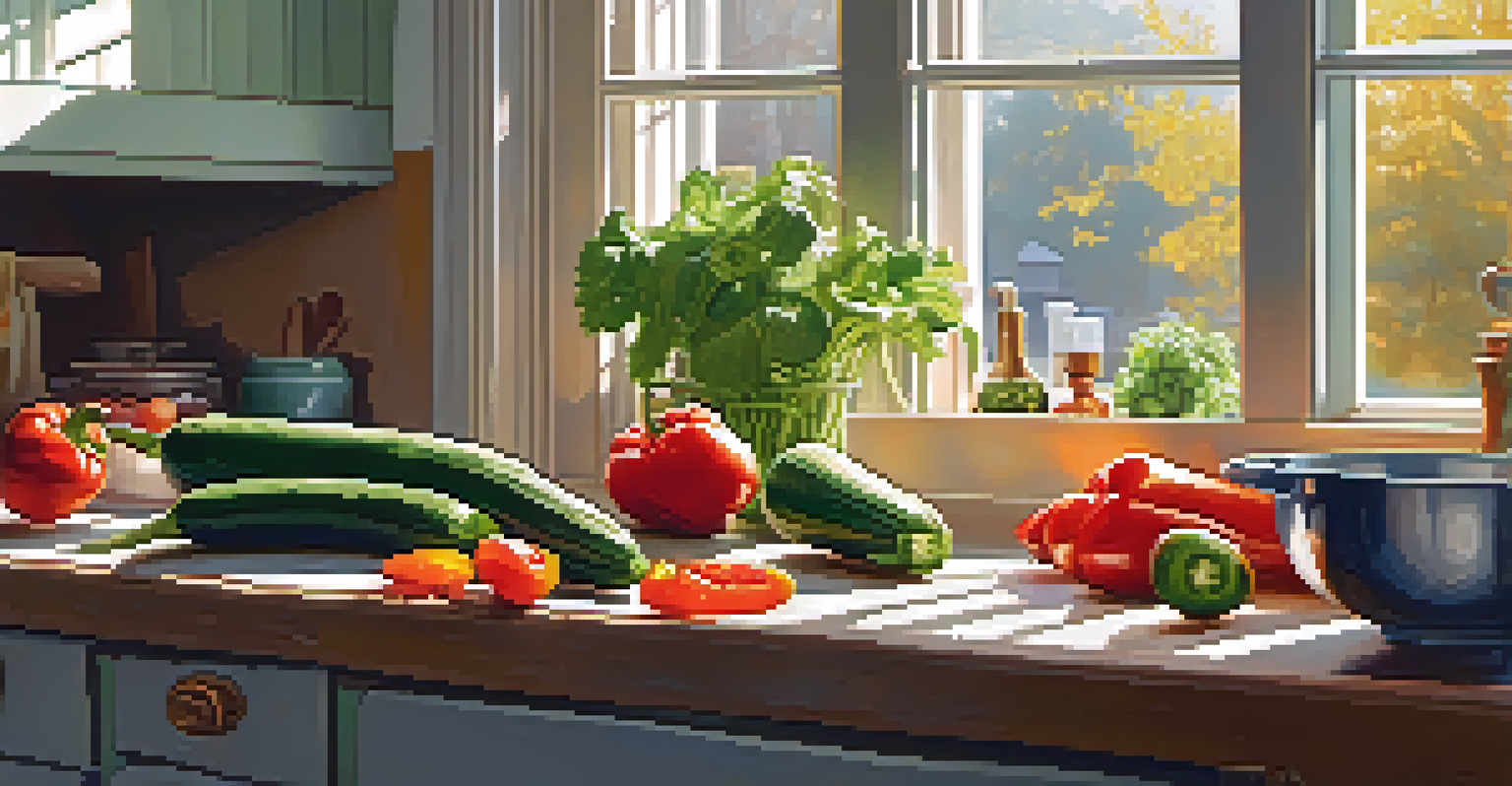 A person chopping fresh vegetables in a bright kitchen, surrounded by healthy ingredients, with sunlight streaming through the window.