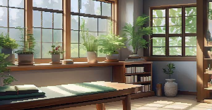 A peaceful naturopathic clinic with a wooden treatment table, indoor plants, and large windows allowing natural light, complemented by herbal remedy artwork and a bookshelf.