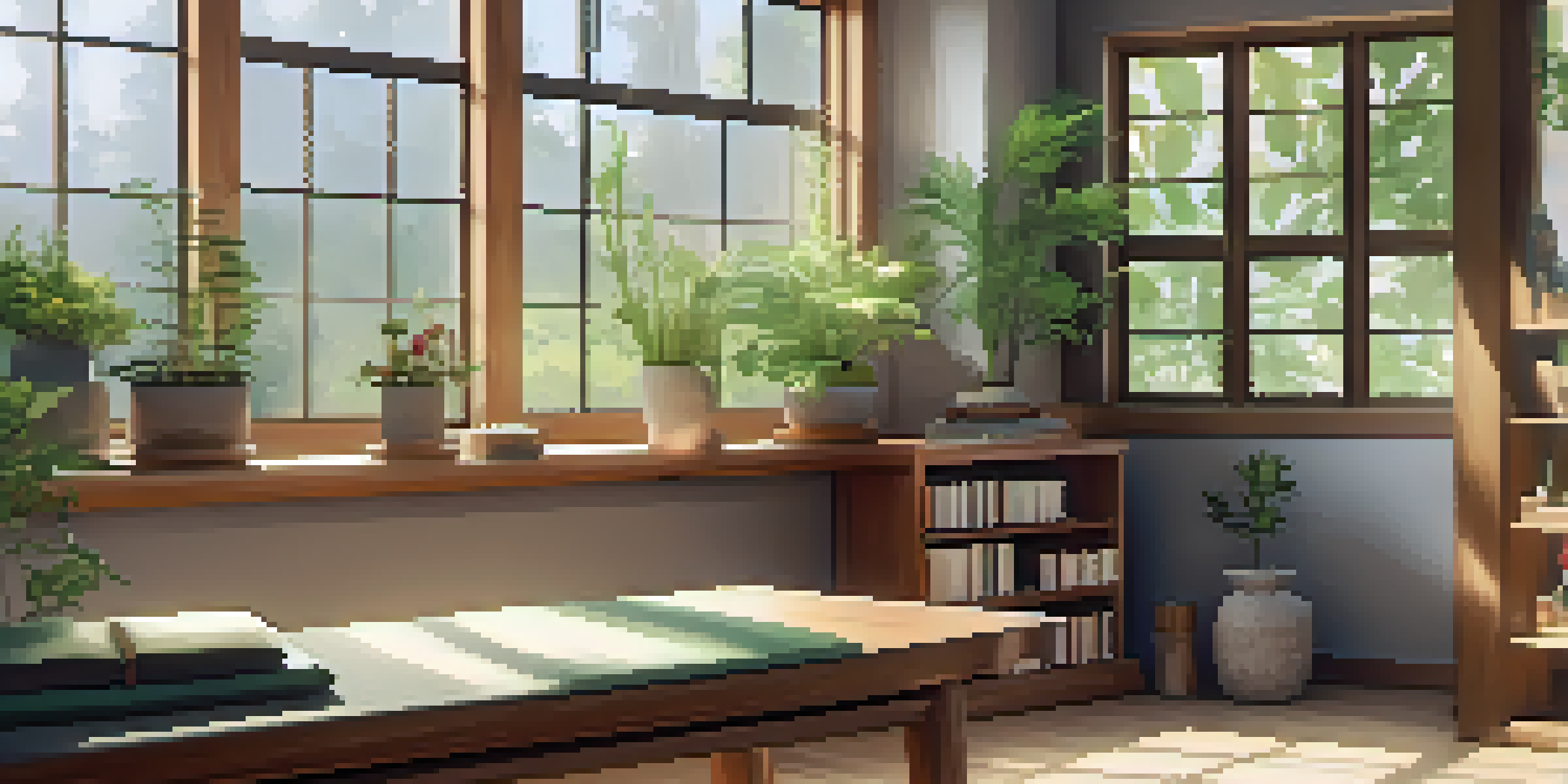 A peaceful naturopathic clinic with a wooden treatment table, indoor plants, and large windows allowing natural light, complemented by herbal remedy artwork and a bookshelf.