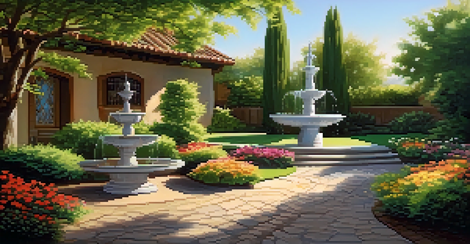 A peaceful garden scene with colorful flowers, greenery, and a water fountain under soft sunlight.