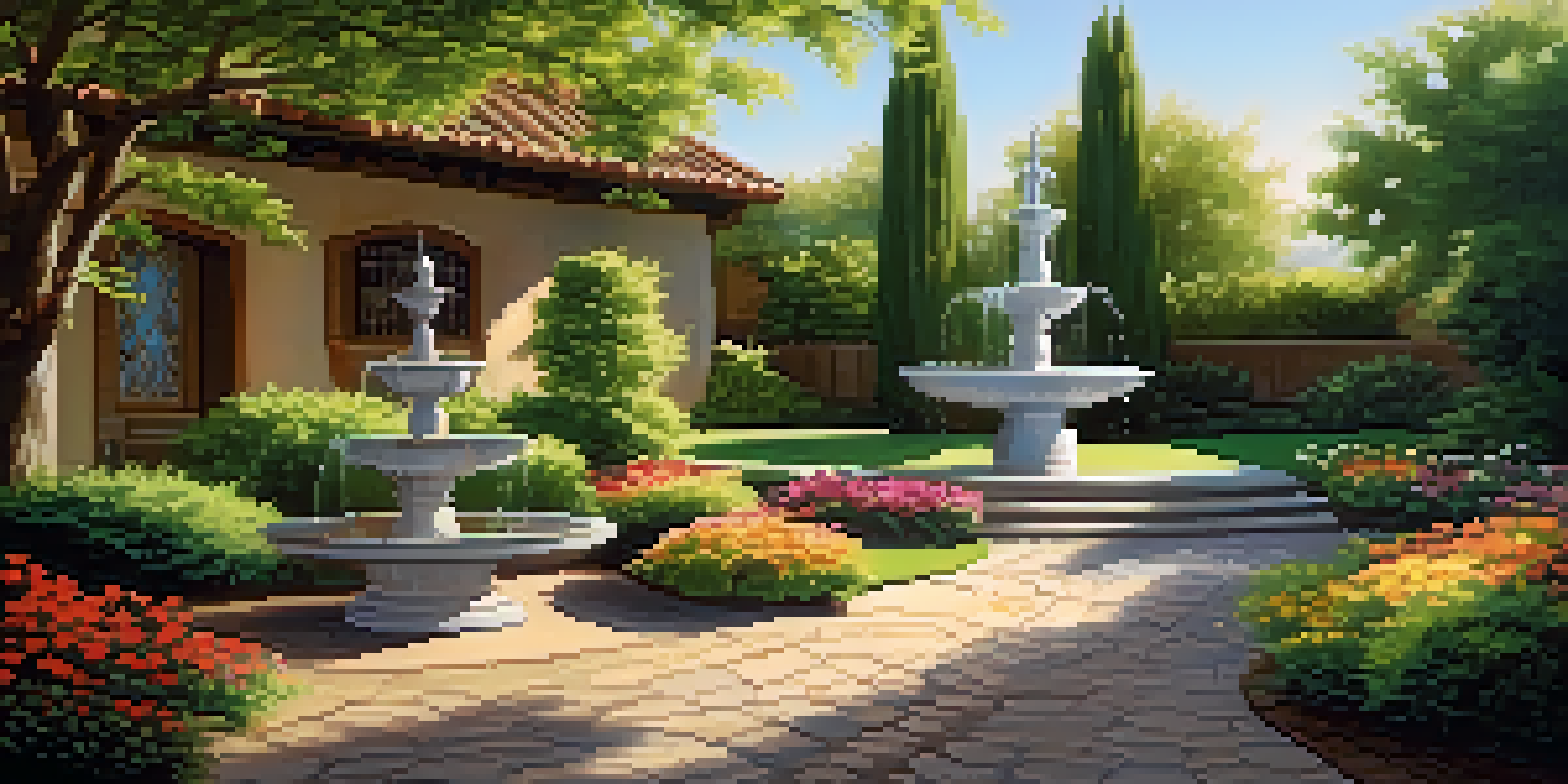 A peaceful garden scene with colorful flowers, greenery, and a water fountain under soft sunlight.