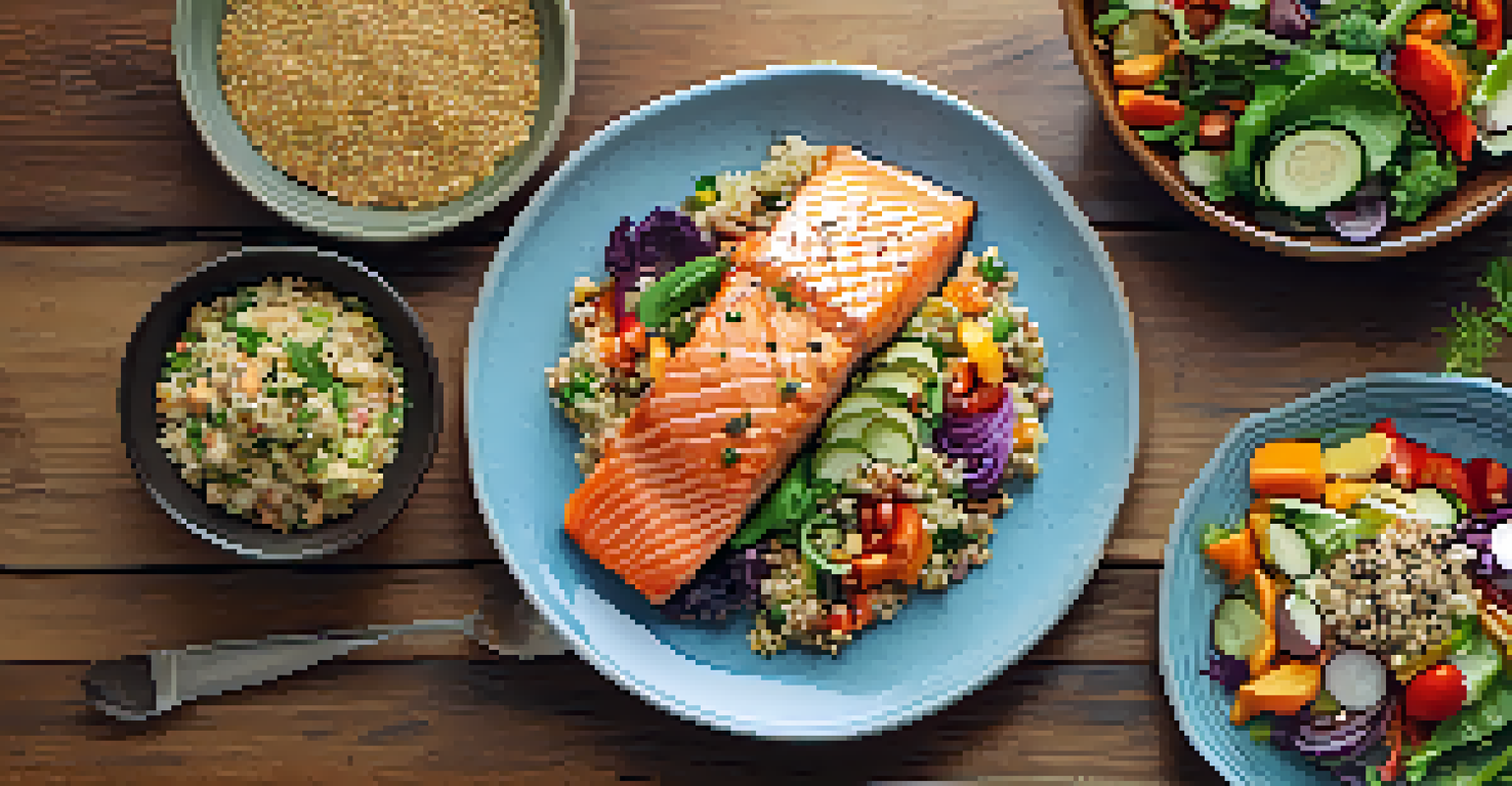 An overhead view of a balanced meal with grilled salmon, quinoa, and a colorful salad on a rustic wooden table.