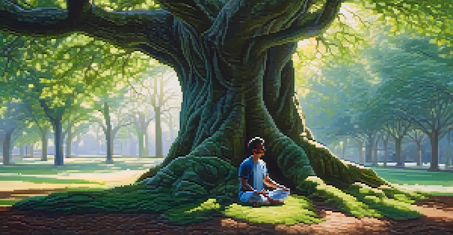 A person meditating under a large tree, surrounded by greenery and filtered sunlight.