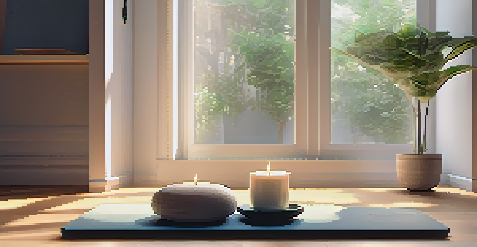 A cozy wellness space with a yoga mat, candles, and a plant, illuminated by soft natural light.