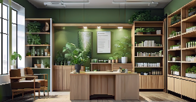 An interior view of a naturopathic clinic with wooden furniture, plants, and soft lighting, showcasing a consultation area.