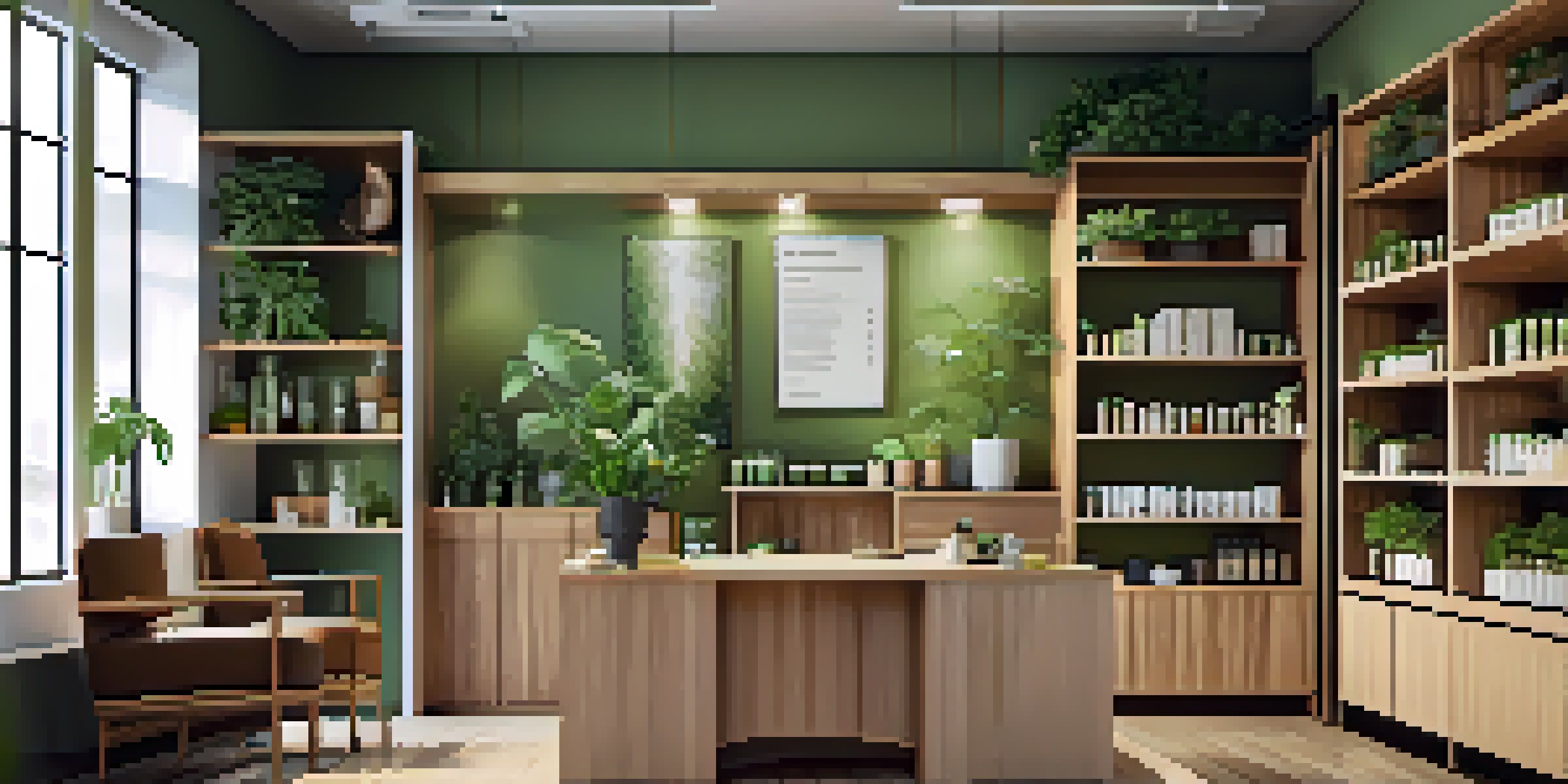 An interior view of a naturopathic clinic with wooden furniture, plants, and soft lighting, showcasing a consultation area.