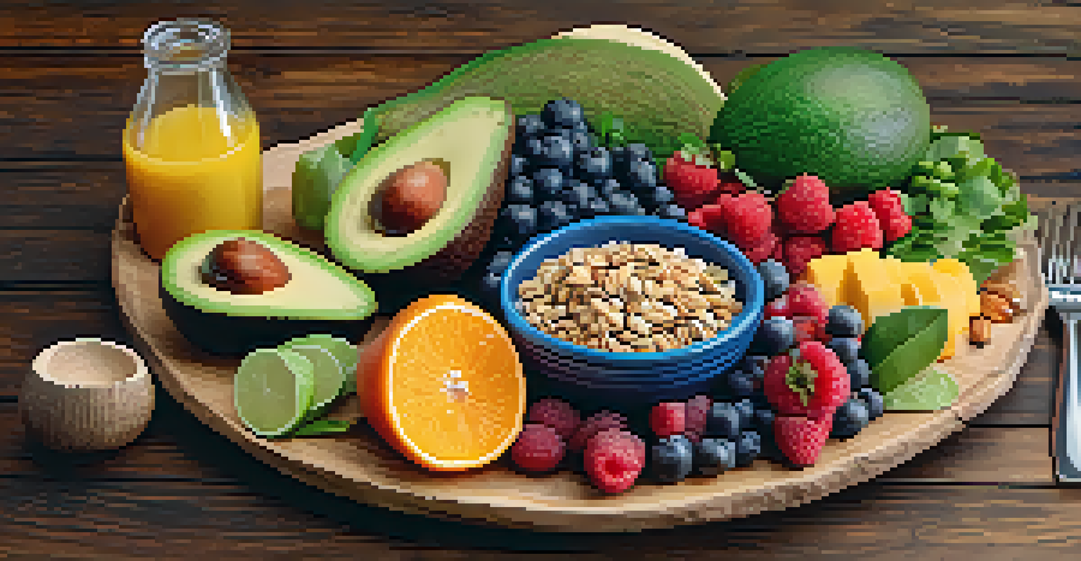 A colorful plate of nutritious food including fruits, vegetables, and whole grains, arranged beautifully on a rustic wooden table.