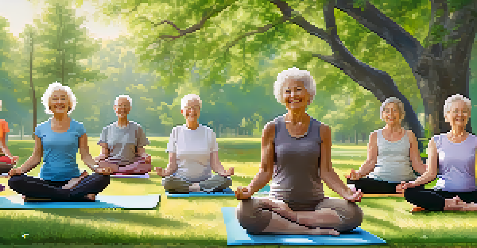 A group of seniors practicing yoga outdoors in a park surrounded by greenery and flowers, smiling and enjoying their activity.