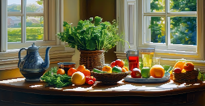 A wooden kitchen table with fresh fruits and vegetables, sunlight streaming through a window, and a glass of herbal tea.