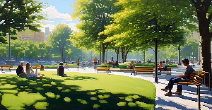 A peaceful urban park with greenery and people engaging in quiet activities, contrasting with the background of busy streets.