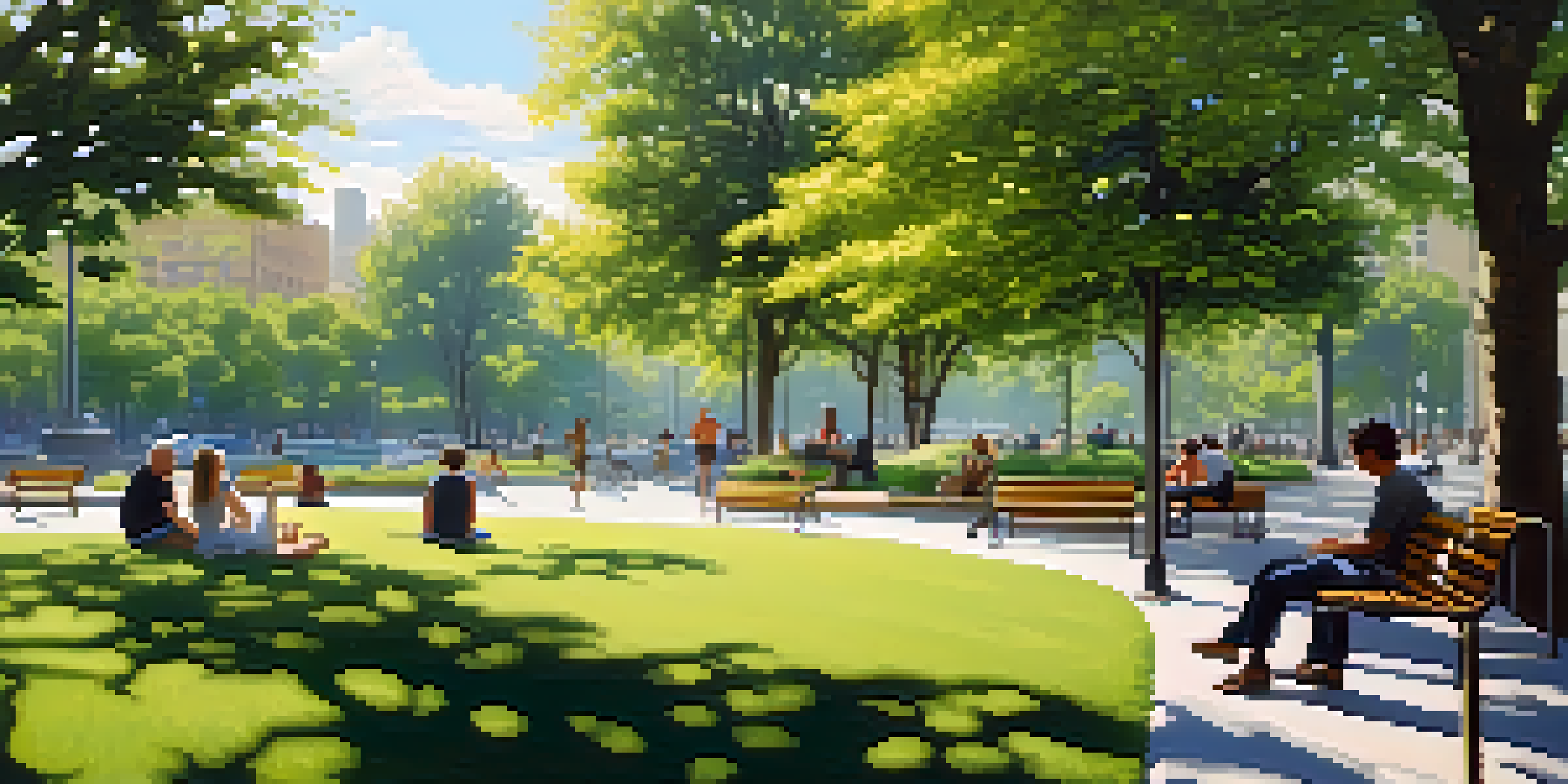 A peaceful urban park with greenery and people engaging in quiet activities, contrasting with the background of busy streets.