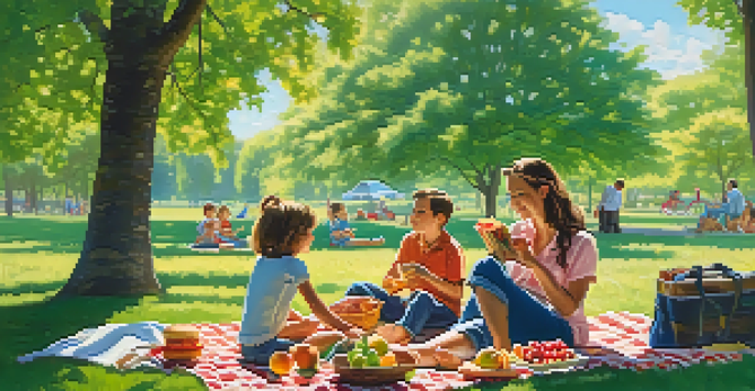 A family having a picnic in a sunny park with children playing and a blanket spread with food.