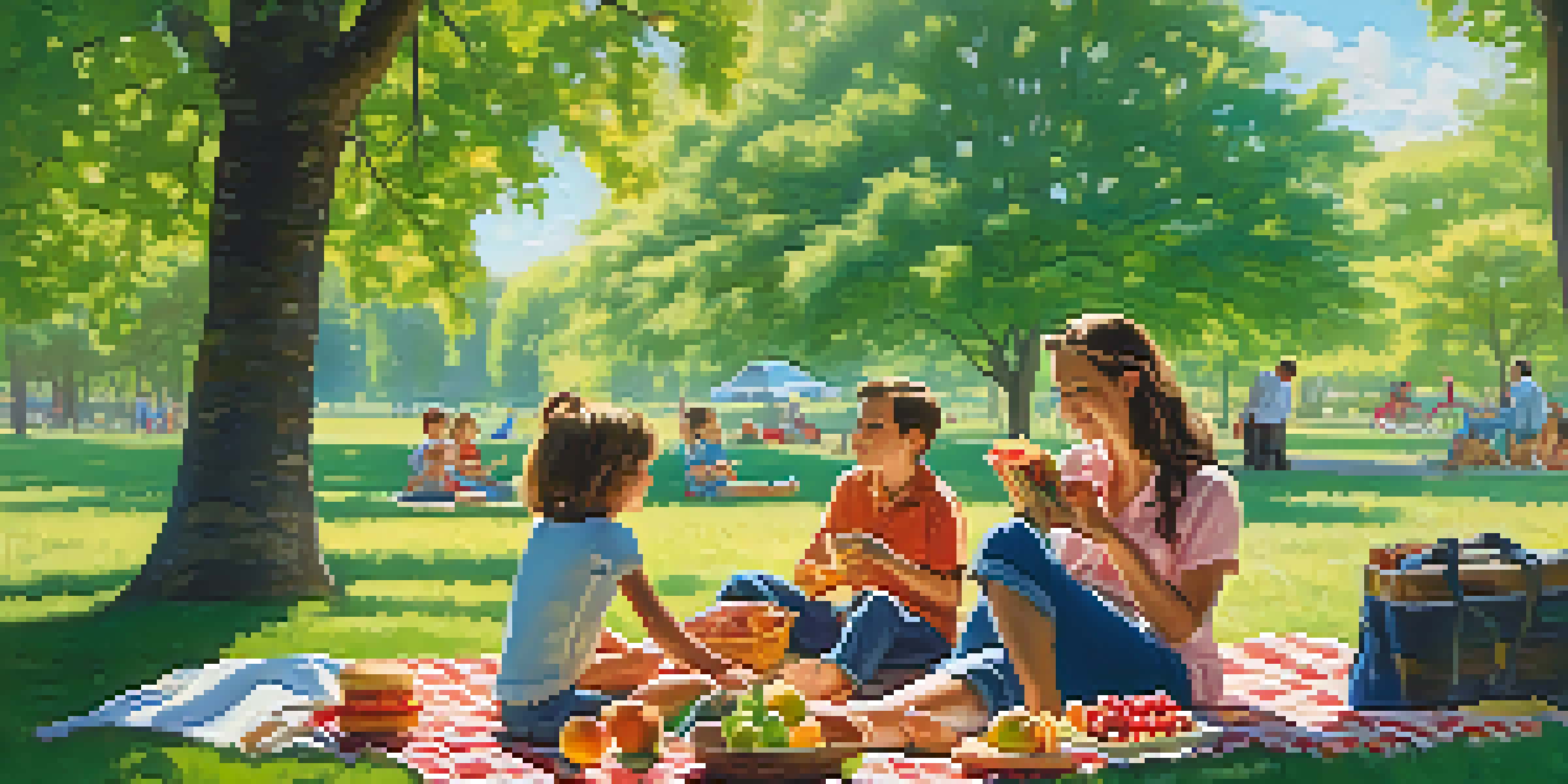 A family having a picnic in a sunny park with children playing and a blanket spread with food.
