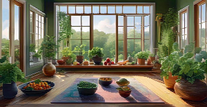 A cozy living space with natural light, colorful fruits and vegetables on a table, herbal remedies in jars, and a yoga mat in the corner.
