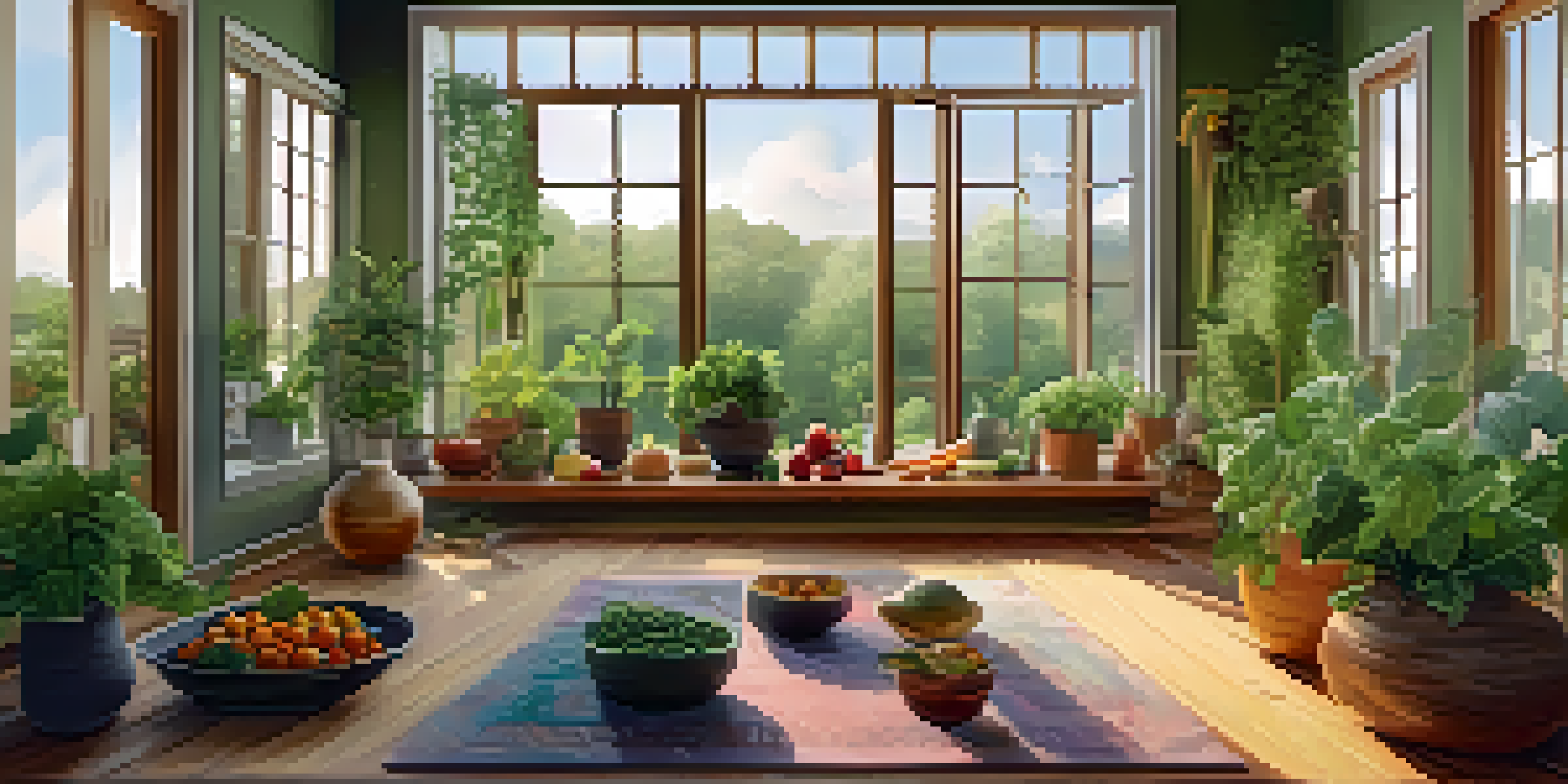 A cozy living space with natural light, colorful fruits and vegetables on a table, herbal remedies in jars, and a yoga mat in the corner.