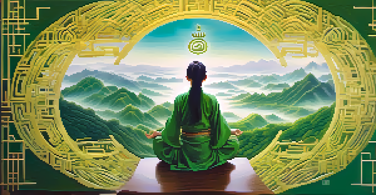 A colorful artistic depiction of energy patterns representing 'Qi' around a meditating figure in a peaceful landscape.