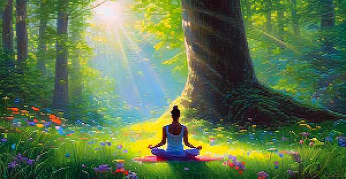 A person meditating in a peaceful forest with chakra symbols glowing around them, surrounded by greenery and flowers.